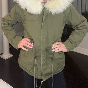 Green Parka with White Fur Trim